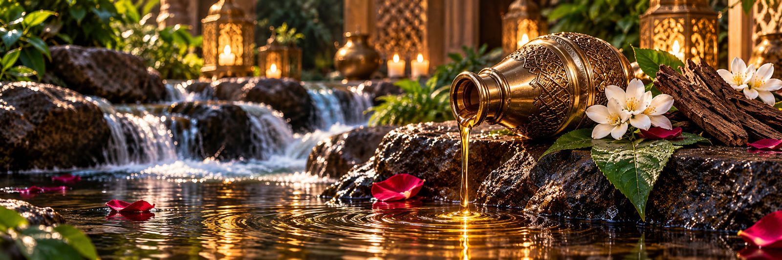 Attar oil being poured by hand into water