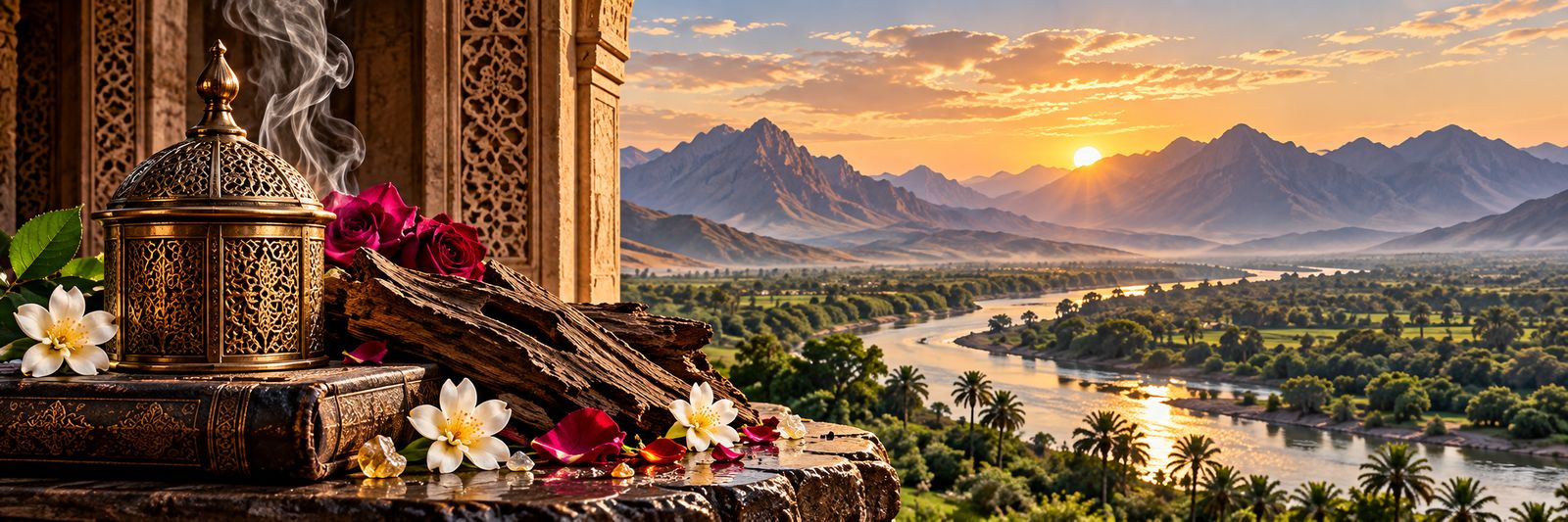 Incense burning above a river valley at sunset