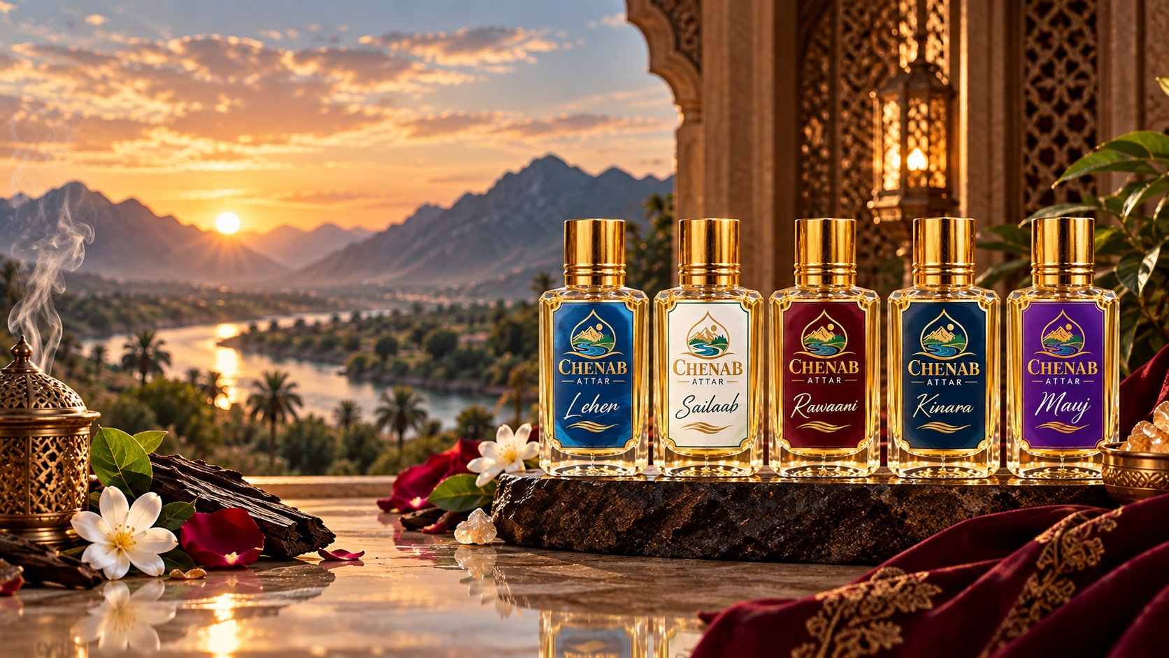 The five Chenab Attar fragrances at sunset, overlooking the river
